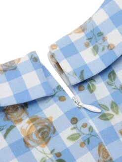 Blue 1960s Puff Sleeve Floral Plaid Dress -Women's Fashion Sales SCHL001562 4