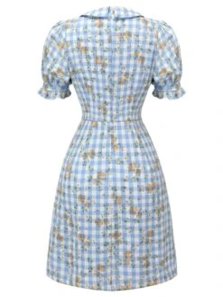 Blue 1960s Puff Sleeve Floral Plaid Dress -Women's Fashion Sales SCHL001562 5