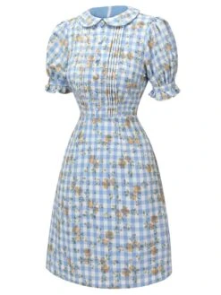 Blue 1960s Puff Sleeve Floral Plaid Dress -Women's Fashion Sales SCHL001562 6