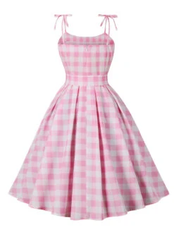 Pink 1950s Spaghetti Strap Plaid Swing Dress -Women's Fashion Sales SCHL001821 2