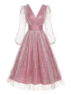 1950s V-Neck High-Waist Stars Mesh Belted Dress