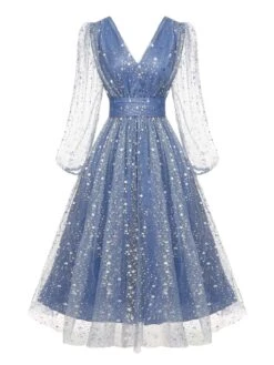 1950s V-Neck High-Waist Stars Mesh Belted Dress -Women's Fashion Sales SCHL001841 1 compressed d2020869 8c5e 46d6 b224 e3b0bb63845f