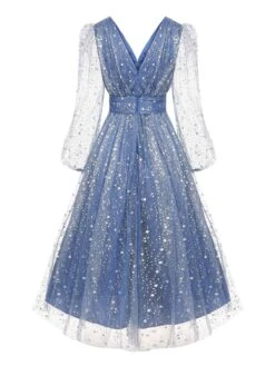 1950s V-Neck High-Waist Stars Mesh Belted Dress -Women's Fashion Sales SCHL001841 2 compressed b8c08684 7577 4ba1 ba7e 8639eb2e537c