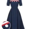 Dark Blue 1930s Square Neck Button Puff Dress -Women's Fashion Sales SCHL002068 01