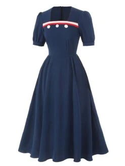 Dark Blue 1930s Square Neck Button Puff Dress -Women's Fashion Sales SCHL002068 2