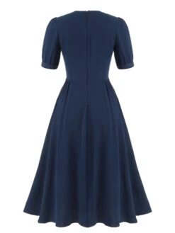 Dark Blue 1930s Square Neck Button Puff Dress -Women's Fashion Sales SCHL002068 3