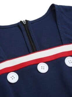 Dark Blue 1930s Square Neck Button Puff Dress -Women's Fashion Sales SCHL002068 4