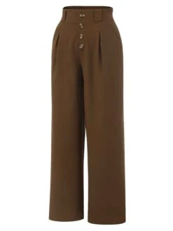 Dark Brown 1930s Buttoned Solid Shift Pants -Women's Fashion Sales SCHL002335 DBR 01 3 compressed