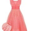 Coral Pink 1950s V-Neck Sequin Dress -Women's Fashion Sales SCHL002377 01