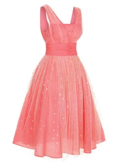 Coral Pink 1950s V-Neck Sequin Dress -Women's Fashion Sales SCHL002377 2