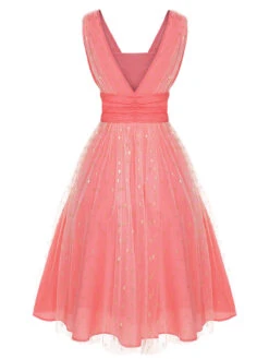 Coral Pink 1950s V-Neck Sequin Dress -Women's Fashion Sales SCHL002377 3