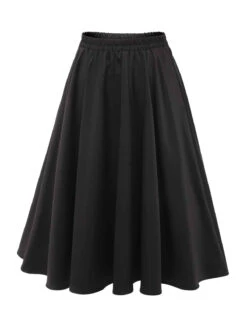 Black 1950s Solid Elastic Waist Pleated Skirt -Women's Fashion Sales SCHL002413 2 compressed