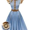 Blue 1950s Lapel Bow Decor Plaids Patchwork Dress -Women's Fashion Sales SCHL002470 01