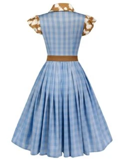 Blue 1950s Lapel Bow Decor Plaids Patchwork Dress 12 Blue 1950s Lapel Bow Decor Plaids Patchwork Dress -Women's Fashion Sales SCHL002470 3