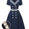 Dark Blue 1950s Sailor Style Double Breasted Dress -Women's Fashion Sales SCHL002511 01