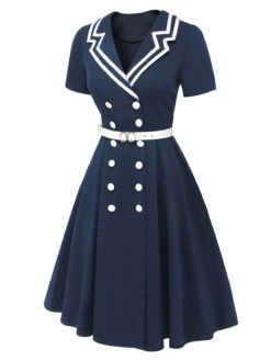 Dark Blue 1950s Sailor Style Double Breasted Dress -Women's Fashion Sales SCHL002511 2