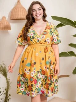[Plus Size] Yellow 1950s V-Neck Belted Floral Dress -Women's Fashion Sales SCHL002550