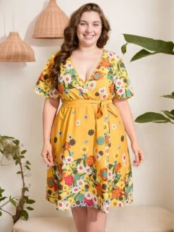 [Plus Size] Yellow 1950s V-Neck Belted Floral Dress -Women's Fashion Sales SCHL002550 2