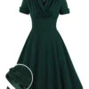 [Plus Size] Dark Green 1950s V-Neck Solid Swing Dress -Women's Fashion Sales SCHL002586 01