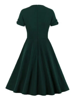[Plus Size] Dark Green 1950s V-Neck Solid Swing Dress -Women's Fashion Sales SCHL002586 2