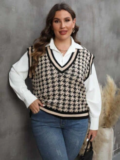 [Plus Size] 1960s Jacquard Contrasting Houndstooth Wool Vest -Women's Fashion Sales SCHL002614 B 1 4
