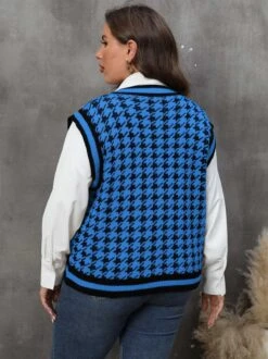 [Plus Size] 1960s Jacquard Contrasting Houndstooth Wool Vest -Women's Fashion Sales SCHL002614 BL 1 1