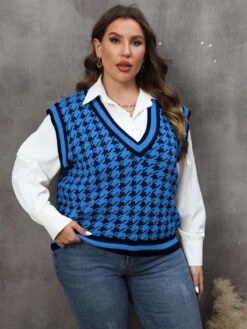 [Plus Size] 1960s Jacquard Contrasting Houndstooth Wool Vest -Women's Fashion Sales SCHL002614 BL 1 2
