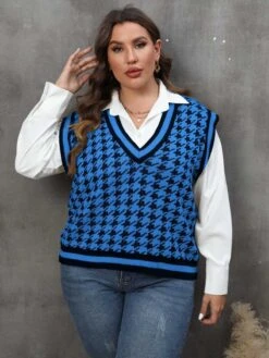 [Plus Size] 1960s Jacquard Contrasting Houndstooth Wool Vest -Women's Fashion Sales SCHL002614 BL 1 3