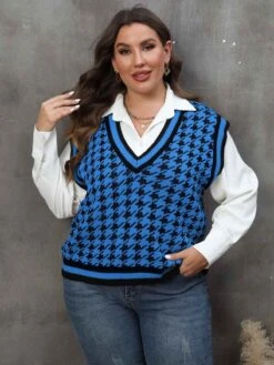 [Plus Size] 1960s Jacquard Contrasting Houndstooth Wool Vest -Women's Fashion Sales SCHL002614 BL 1 4