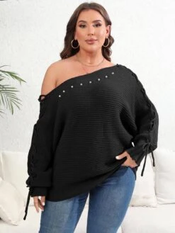 [Plus Size] 1950s Solid Pearl Lace-Up Sleeve One Shoulder Sweater -Women's Fashion Sales SCHL002618 B 2