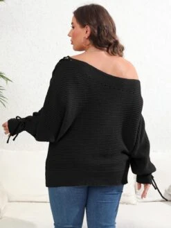 [Plus Size] 1950s Solid Pearl Lace-Up Sleeve One Shoulder Sweater -Women's Fashion Sales SCHL002618 B 3