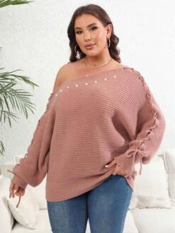 [Plus Size] 1950s Solid Pearl Lace-Up Sleeve One Shoulder Sweater -Women's Fashion Sales SCHL002618 P 2