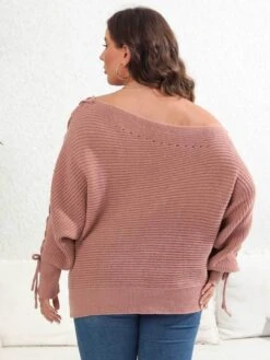 [Plus Size] 1950s Solid Pearl Lace-Up Sleeve One Shoulder Sweater -Women's Fashion Sales SCHL002618 P 3