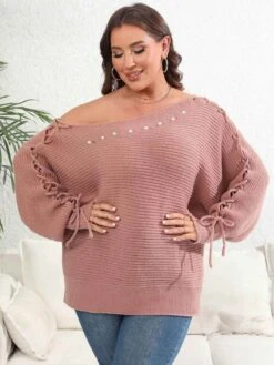 [Plus Size] 1950s Solid Pearl Lace-Up Sleeve One Shoulder Sweater -Women's Fashion Sales SCHL002618 P 4