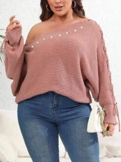 [Plus Size] 1950s Solid Pearl Lace-Up Sleeve One Shoulder Sweater -Women's Fashion Sales SCHL002618 P 5