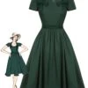 Green 1950s Solid Bow Square Collar Dress 2 Green 1950s Solid Bow Square Collar Dress -Women's Fashion Sales SCHL002640 01