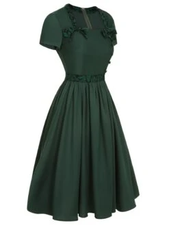 Green 1950s Solid Bow Square Collar Dress 11 Green 1950s Solid Bow Square Collar Dress -Women's Fashion Sales SCHL002640 2