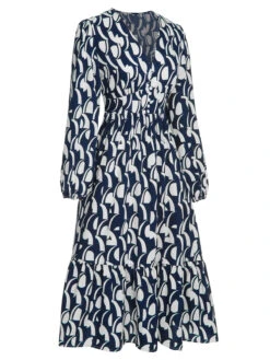 Navy Blue 1930s Geometric Printed V-Neck Dress -Women's Fashion Sales SCHL002735 NB 01 3