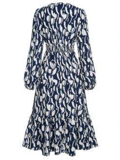 Navy Blue 1930s Geometric Printed V-Neck Dress -Women's Fashion Sales SCHL002735 NB 01 4