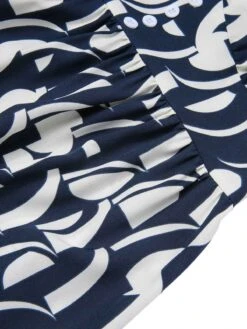 Navy Blue 1930s Geometric Printed V-Neck Dress -Women's Fashion Sales SCHL002735 NB 01 6