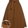 Brown 1950s Solid Elastic Waist Belt Skirt