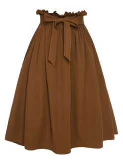 Brown 1950s Solid Elastic Waist Belt Skirt -Women's Fashion Sales SCHL003019 2