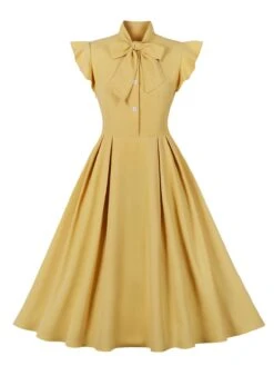 1950s Solid Ruffle Sleeve Bow Neck Dress -Women's Fashion Sales SCHL003045 MDY 1