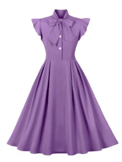 1950s Solid Ruffle Sleeve Bow Neck Dress -Women's Fashion Sales SCHL003045 PU 1