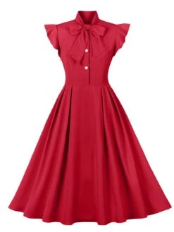1950s Solid Ruffle Sleeve Bow Neck Dress -Women's Fashion Sales SCHL003045 R 1
