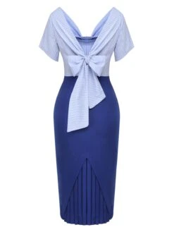 Blue 1960s Cowl Striped Lace-Up Wrap Dress -Women's Fashion Sales SCHL003187 2