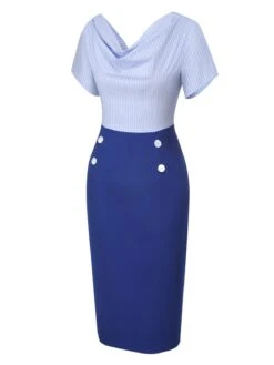 Blue 1960s Cowl Striped Lace-Up Wrap Dress -Women's Fashion Sales SCHL003187 3
