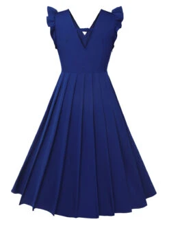 Blue 1950s Pleated Ruffles Vest Dress -Women's Fashion Sales SCHL003232 3