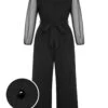[Plus Size] Black 1930s Mesh Lantern Sleeve Belted Jumpsuit -Women's Fashion Sales SCHL003357 B 1 1 compressed