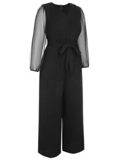 [Plus Size] Black 1930s Mesh Lantern Sleeve Belted Jumpsuit -Women's Fashion Sales SCHL003357 B 1 3 compressed